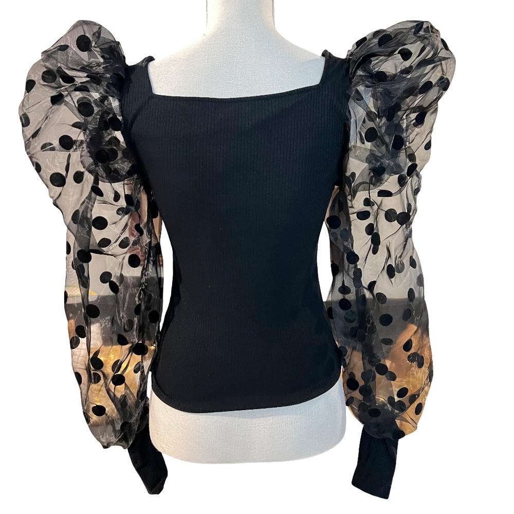 # A145 Why Dress Black Ribbed Top with Sheer Polka Dot Puff Sleeves NWT S - Picture 4 of 9